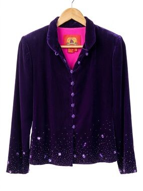 Shanghai Tang Purple Velvet Beaded Mandarin Collar Jacket Silk Lined Size 4